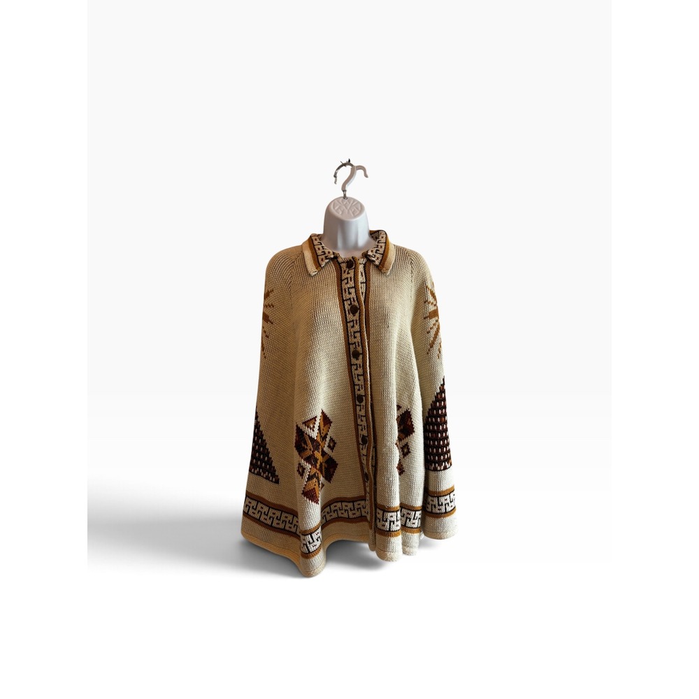 JCPenney Knit Poncho One Size Cream Aztec Intarsia Vintage 70s Boho Cape